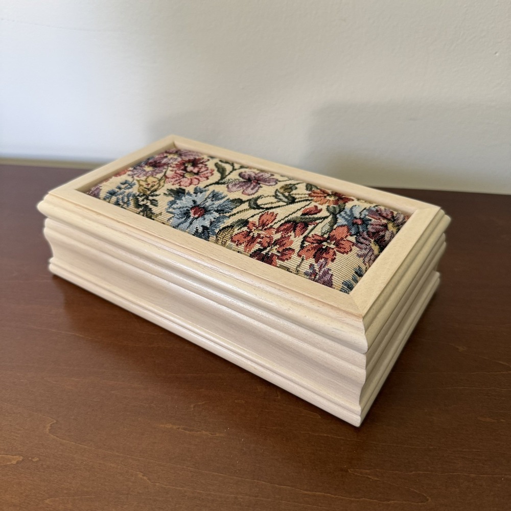 Vintage Wooden Jewelry Box W/Floral Tapestry Lid - Mirrored With Felt Inside